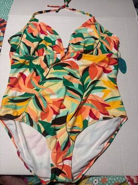 Tropical Leaf Print One-Piece Swimsuit - Multicolor